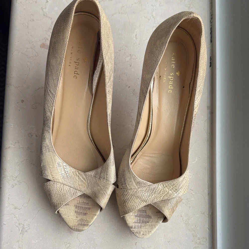 Kate Spade Faux Lizard Gold Peep Toe Heels
